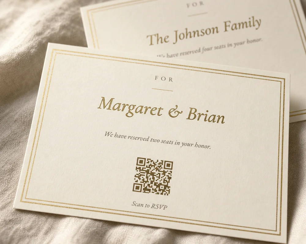 Classic Elegance reply cards for Margaret & Brian and The Johnson Family with QR codes reading Scan to RSVP
