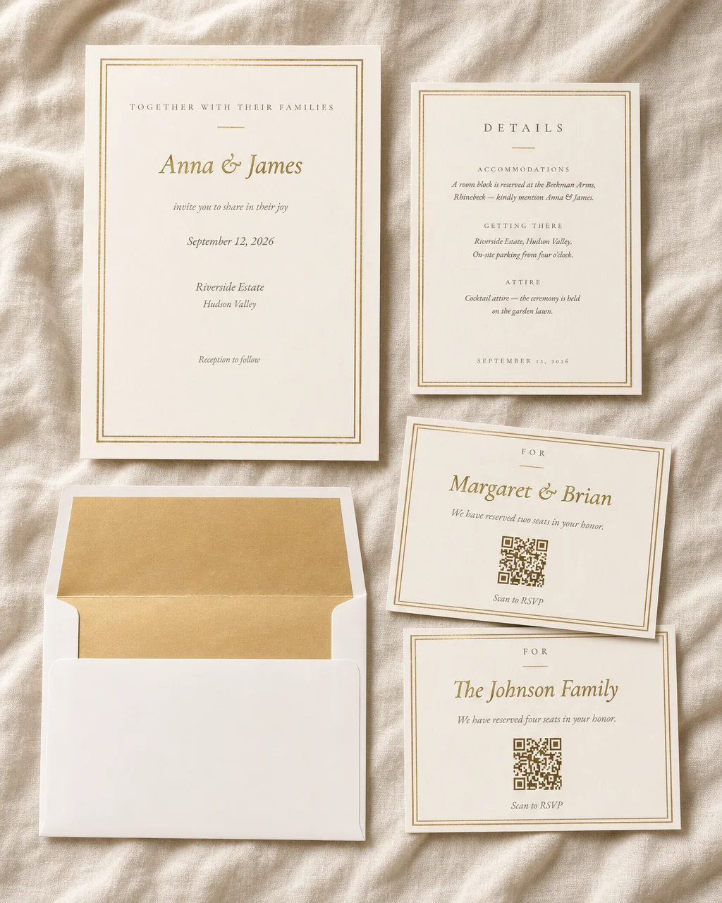 The complete Classic Elegance suite on ivory linen: gold-framed invitation, details card, reply cards for Margaret & Brian and The Johnson Family, and an open envelope revealing its gold liner