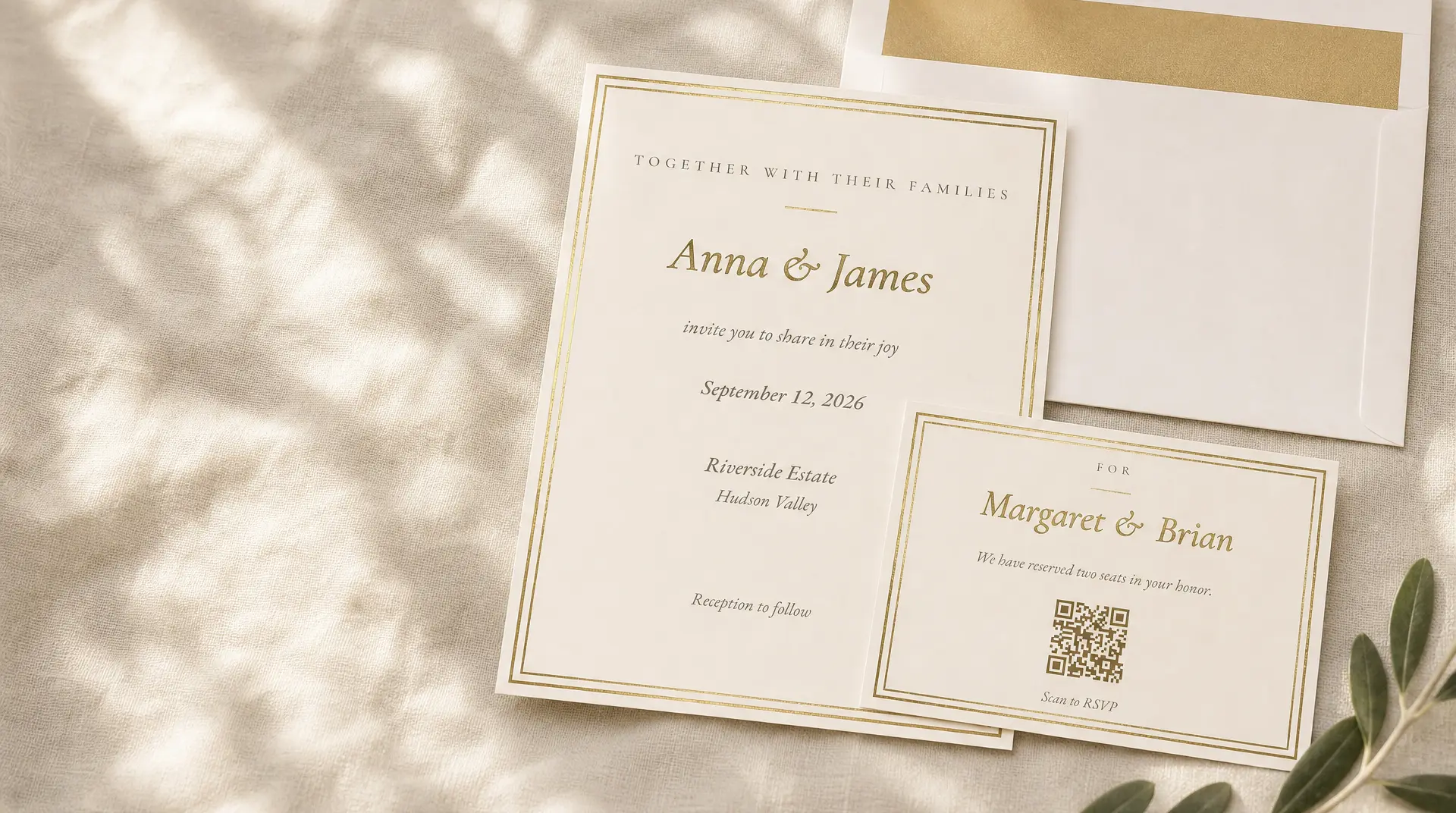 Wedding invitation suite — gold-foil invitation, reply card for Margaret & Brian with a Scan to RSVP QR code, and a gold-lined envelope on cream linen with an olive sprig
