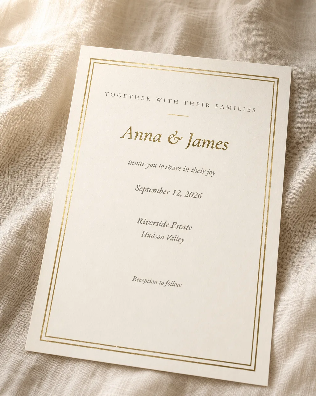 Classic Elegance invitation, straight-cut, on ivory linen: Anna & James in gold inside a double gold-rule frame